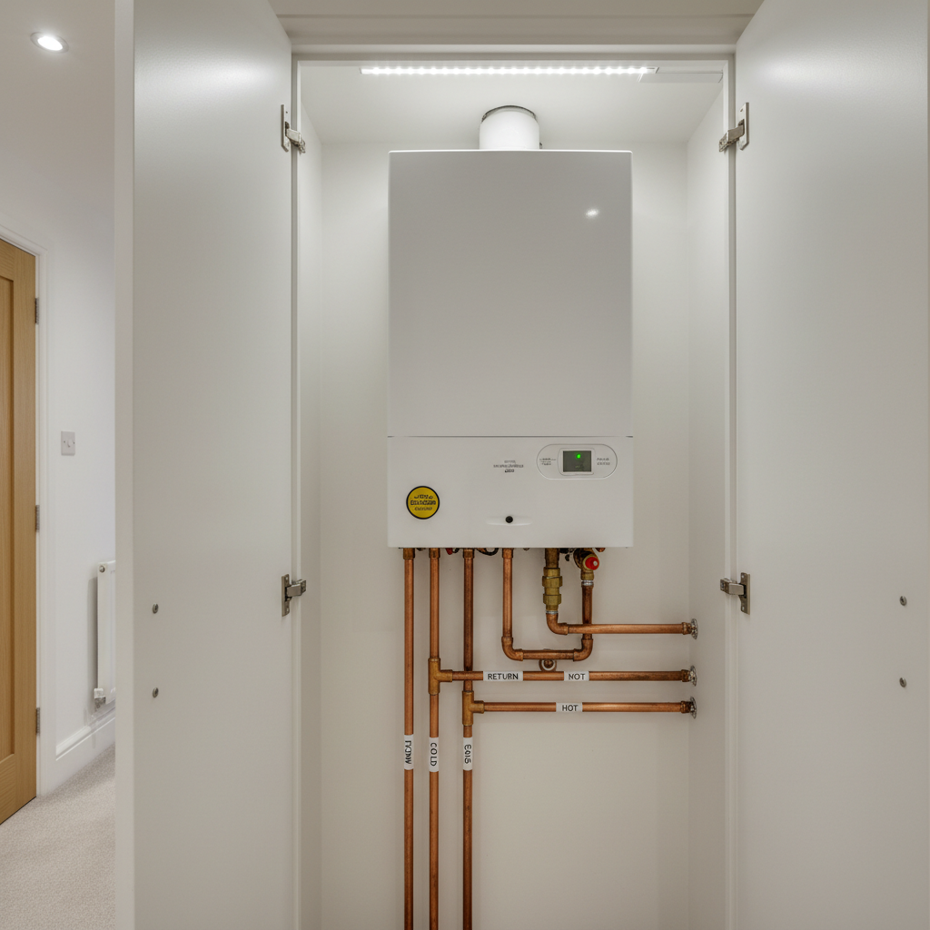 A bright domestic boiler cupboard in a Crawley semi-detached home, showing a pristine white combi boiler mounted on a clean plastered wall, with clearly labeled copper pipework beneath and a small yellow-and-black gas safety badge magnet nearby on the metal casing. The cupboard doors are open to reveal neatly routed pipes and an electronic control panel set to normal operation. Overhead LED lighting casts even, neutral light with soft shadows along the pipework. Photographic realism from a slightly elevated angle, emphasizing order, safety, and professional gas work, with the surrounding hallway softly blurred to keep focus on the installation.