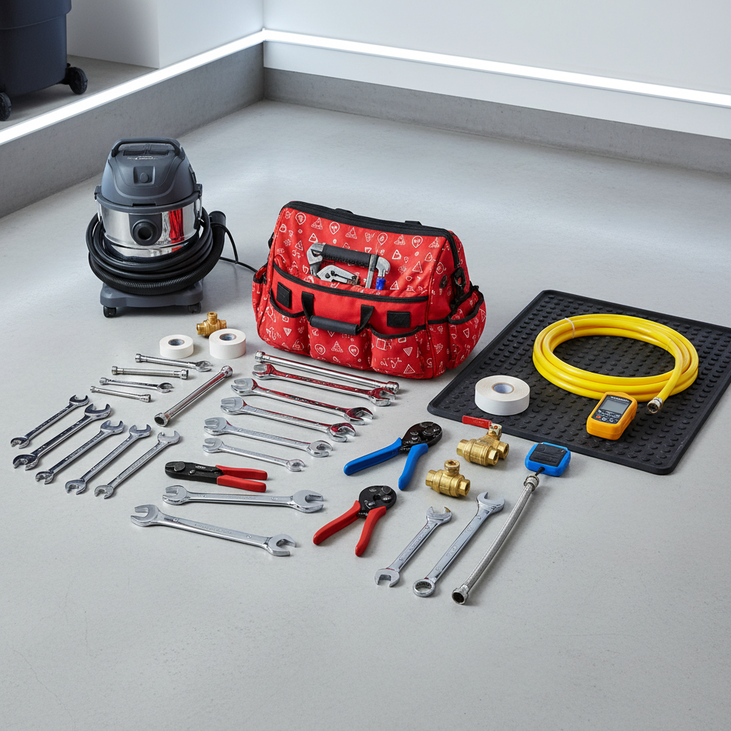 An organized emergency plumbing toolkit laid open on a light grey garage floor, featuring neatly arranged adjustable wrenches, pipe cutters, PTFE tape, spare valves, flexible hoses, and a compact wet/dry vacuum beside a bright red tool bag printed only with simple geometric markings instead of text. Nearby, a coiled yellow gas hose and a small digital leak detector rest on a clean rubber mat. Cool white LED strip lighting from above creates crisp, clear illumination with defined but soft-edged shadows. Photographic realism, shot from a slightly elevated angle, with a clean, professional, ready-to-respond mood ideal for a 24/7 emergency service page.