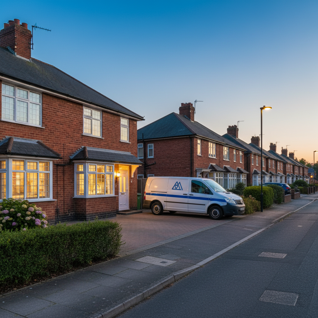 A tidy Crawley street of brick semi-detached houses at dusk, focusing on one home with its warm-lit kitchen window subtly revealing a modern chrome tap and stainless sink inside. Outside, a clean white utility van with a simple blue stripe and generic geometric logo is parked on the driveway, no readable text. The sky has a soft blue hour glow, streetlights just beginning to illuminate the pavement. Photographic realism from street level, using the rule of thirds to balance the house and van, creating a calm, reassuring neighborhood atmosphere that suggests local, trustworthy plumbing and gas services close to home.