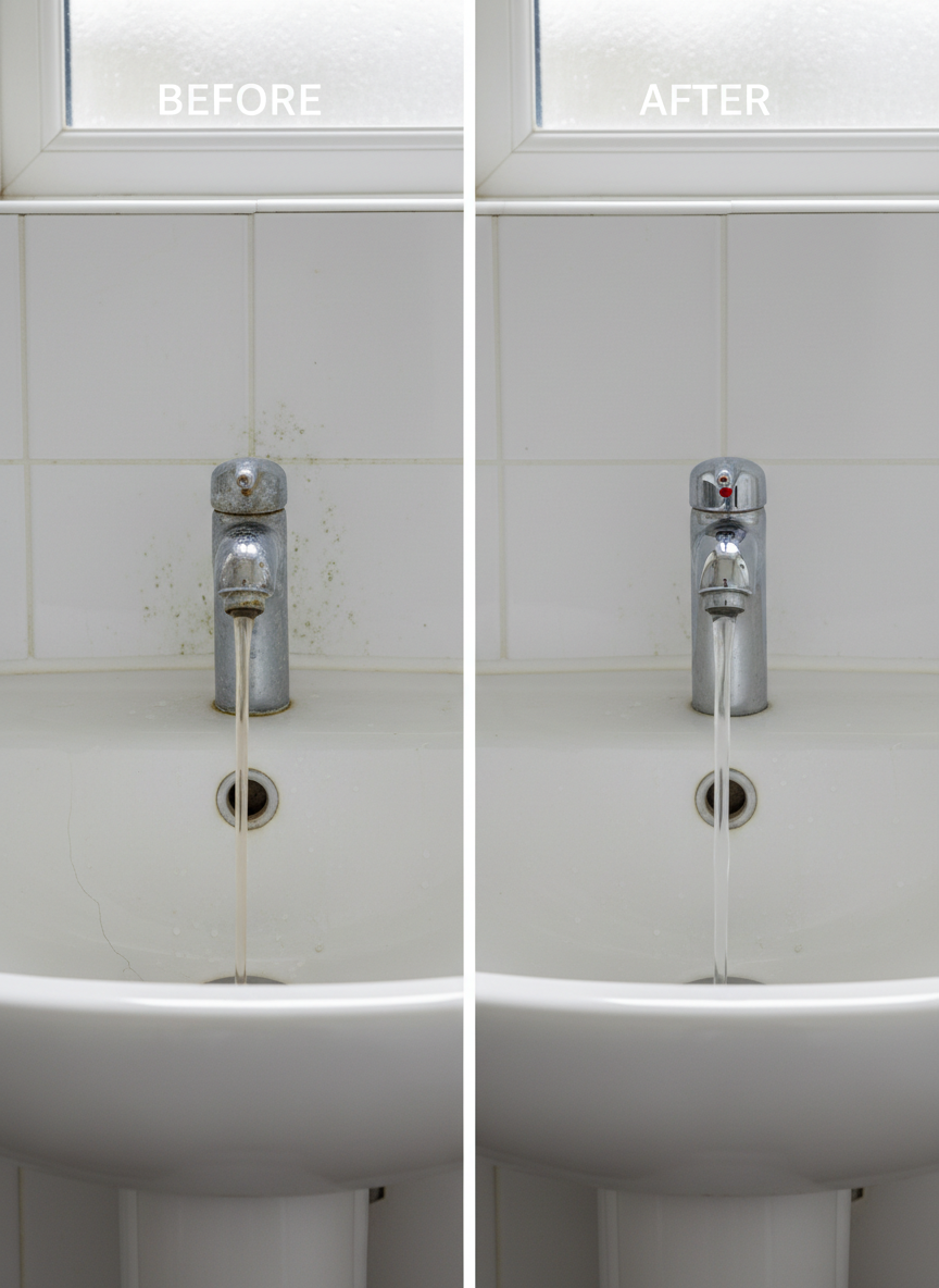 A split-screen photographic realism composition showing a bathroom before and after professional plumbing work. On the left, a slightly dull, limescale-stained tap and discolored grout around a basic white basin, with a slow-draining plughole. On the right, the same basin area transformed: a sleek chrome mixer tap, re-siliconed edges, sparkling ceramic, and a smoothly flowing clear stream of water. Both scenes share the same neutral tiled wall and soft overcast daylight. Shot straight-on with balanced framing, the contrast highlights the effectiveness and thoroughness of professional plumbing services for local homes.