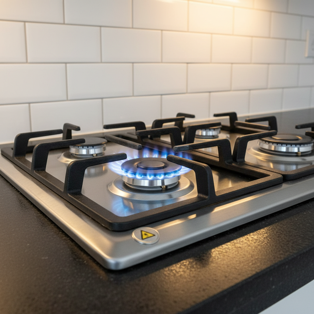 A close-up photographic realism shot of a gas hob installation on a dark quartz countertop, showing four perfectly aligned black cast-iron pan supports and gleaming stainless steel burners. One burner is lit with a crisp blue flame, evenly distributed around the ring, while a small yellow-and-black gas safety-style symbol is subtly printed on a nearby metal tag without any text. The surrounding backsplash is simple white tile, spotlessly clean. Warm under-cabinet LED lighting creates soft highlights on the metal and gentle reflections on the countertop. Captured from a low, three-quarter angle, the mood is safe, precise, and professionally finished.